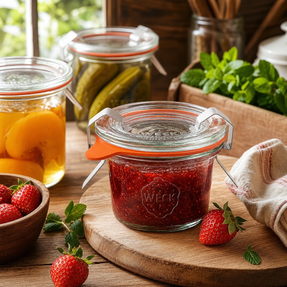 35ml stortglas compleet WECK RR40 WECK 35ml RR40 potje in keuken gevuld met jam naast verse aardbeien en andere inmaakpotjes