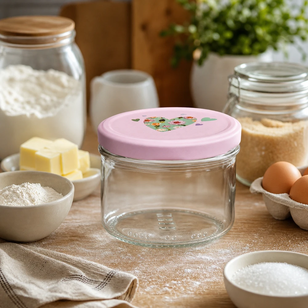 Cilindervormige pot 230 ml + BasicSeal-deksel roze hart Lege 230 ml cilinderpot met roze hartvormig deksel in een gezellige keuken tussen de bakingrediënten en voorraadpotten