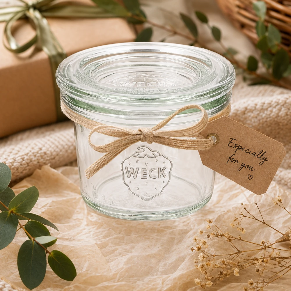35ml stortglas met glazen deksel WECK RR40 35ml WECK RR40 bekers als geschenk versierd met een strik en label in een natuurlijke sfeer met planten