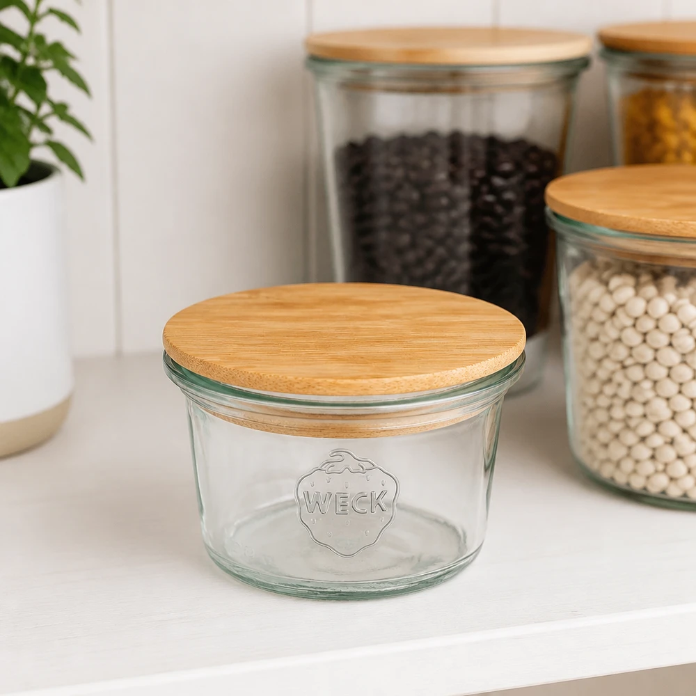 WECK mini mason jar 35ml RR40 met bamboe houten deksel in een moderne keuken naast voorraadpotten met bonen en linzen