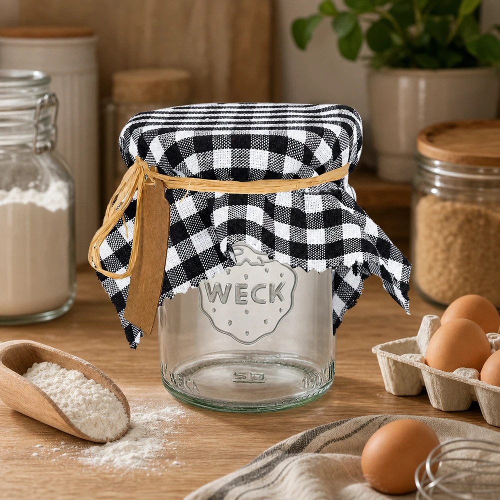 Zwart geruite decoratieve onderlegger met leren riem op WECK pot naast eieren en bloem in rustieke keuken 15cm vierkant