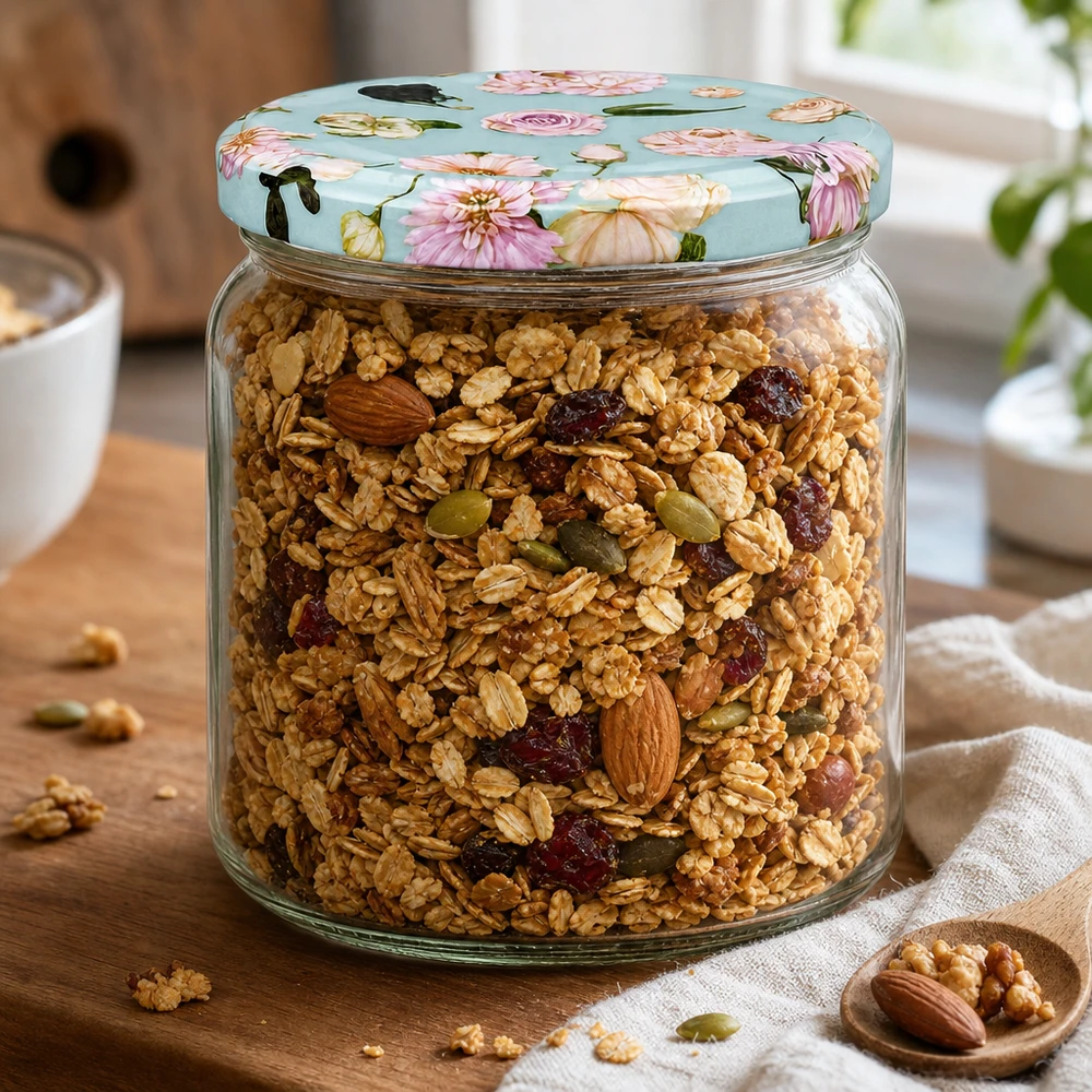 Ronde pot van 425 ml + BasicSeal-deksel met muntbloem UNiTWIST 425 ml ronde pot met mint bloemendeksel vol muesli en noten - voorraadpot voor granola op houten plank