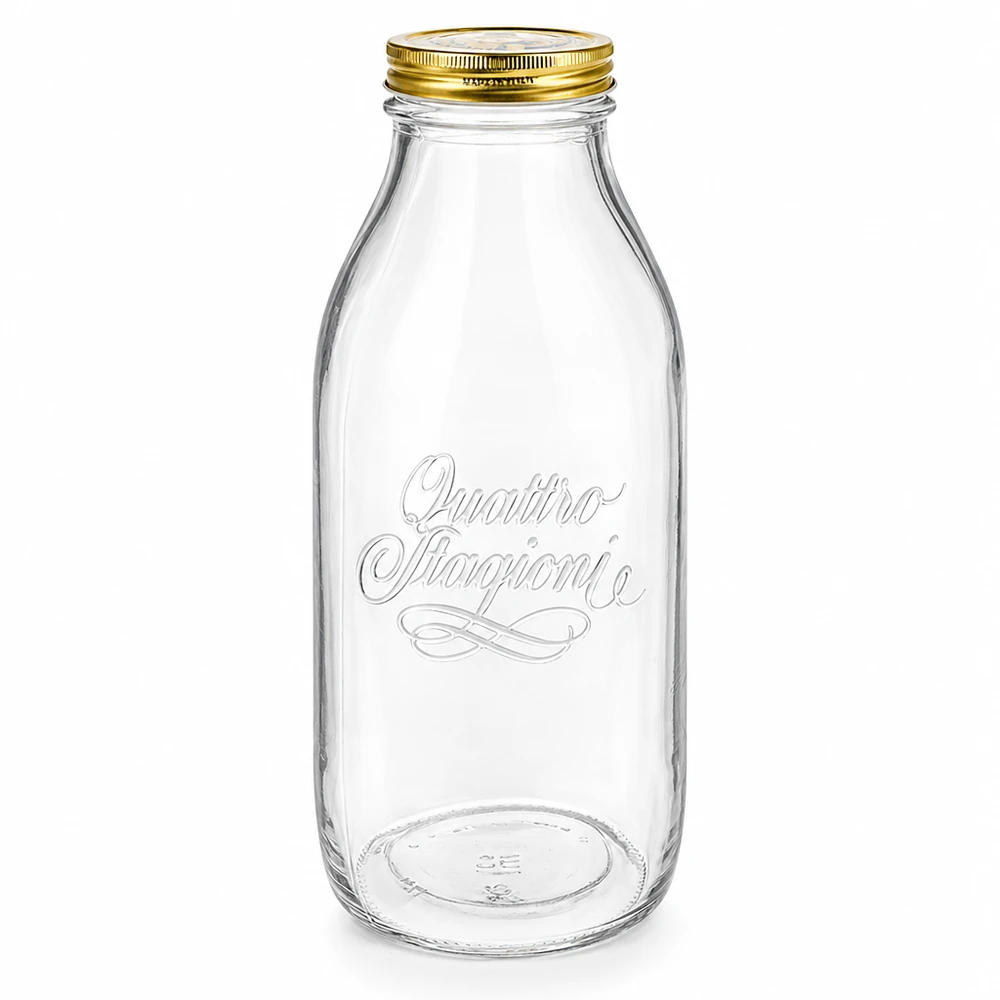 1000ml glazen fles "Quattro Stagioni" met deksel 1000ml glazen fles Quattro Stagioni met gouden schroefdop, transparant met elegante belettering, melkfles design