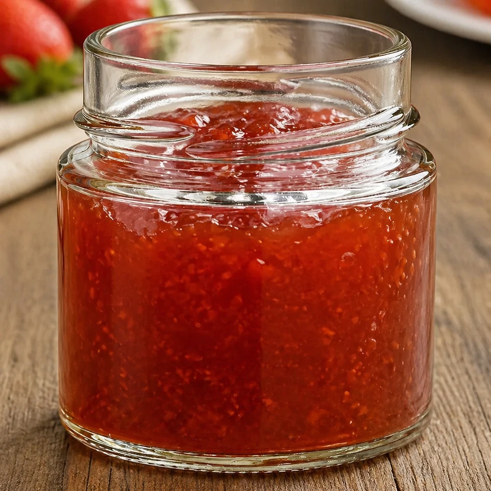 Ronde pot 135ml gevuld met rode jam TO58 deksel inmaakpot jampot op houten tafel