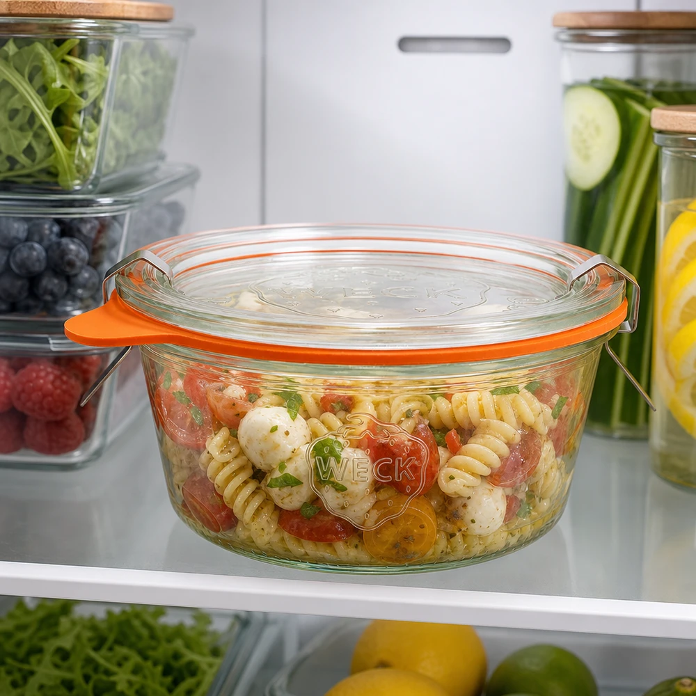 290ml stortglas laag compleet WECK RR80 WECK bekers 290ml RR100 met pastasalade in de koelkast tonen praktische voedselopslag
