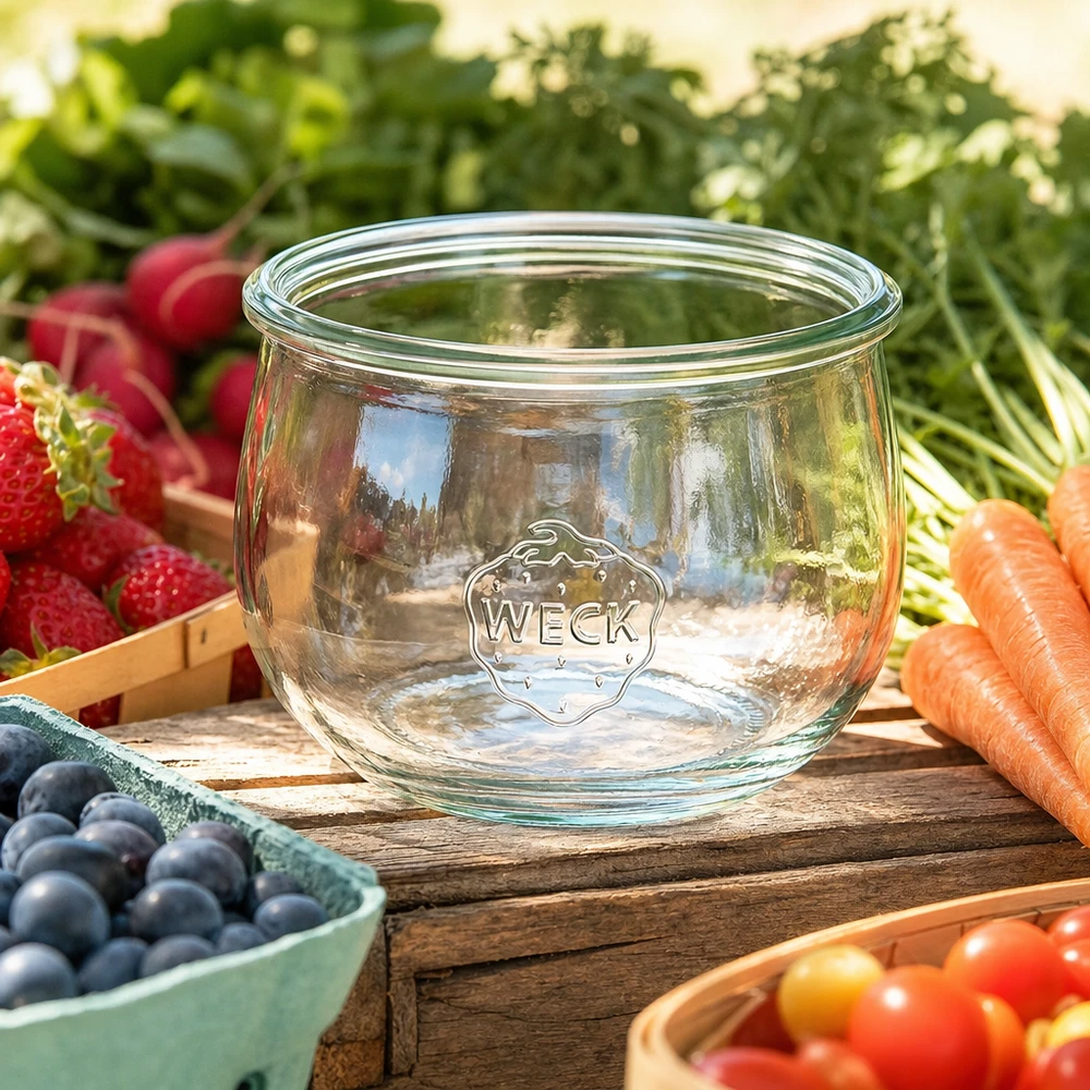 WECK RR100 tulpvormige pot van 580 ml WECK tulpenpot 580ml RR100 glazen inmaakpot met logo omringd door vers fruit en groenten op een houten tafel