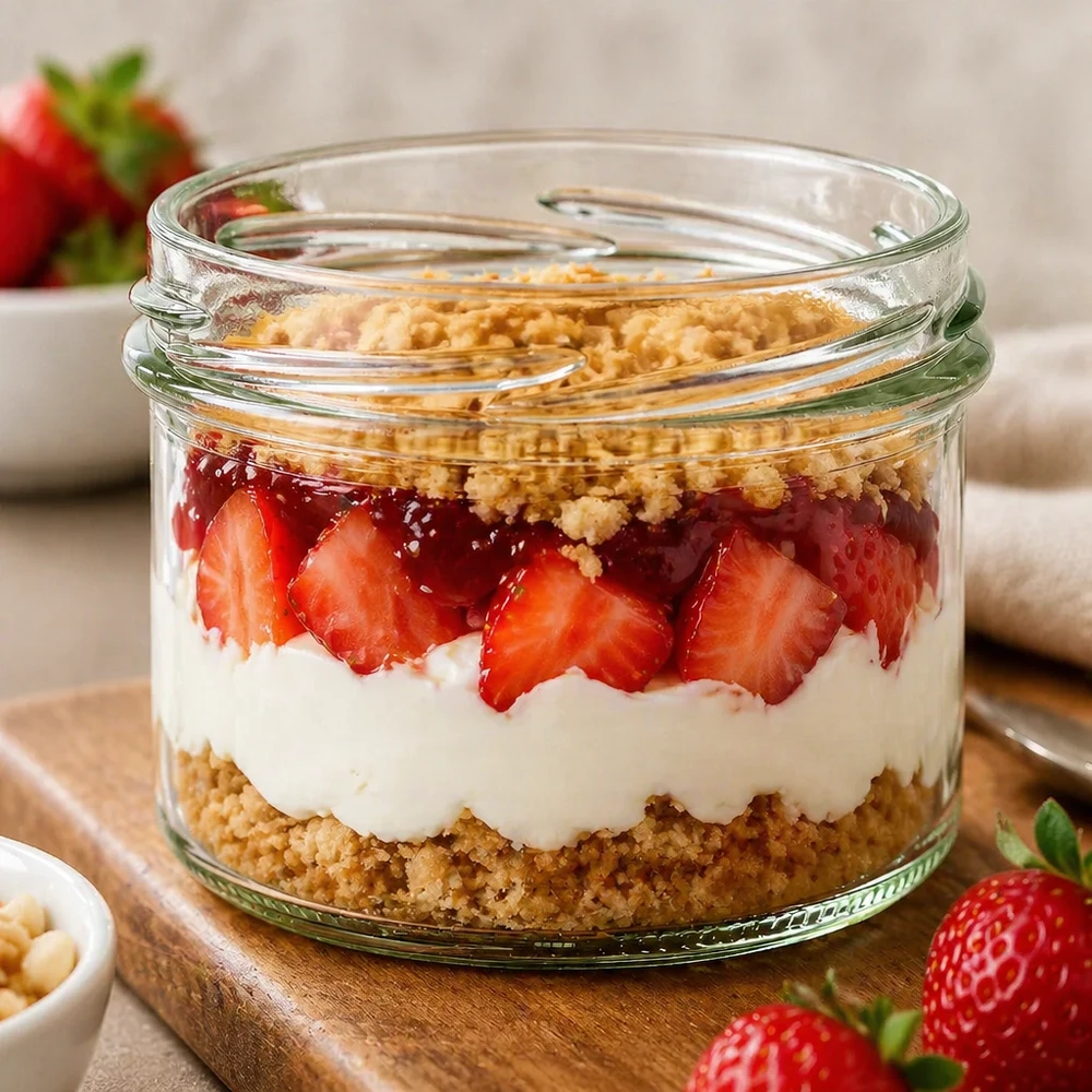 UNiTWIST Sturz225 - bekers inhoud 225ml TO82 UNiTWIST Sturz225 bekers 225 ml TO82 met aardbeien dessert gelaagde yoghurt koekjesbodem in een potje