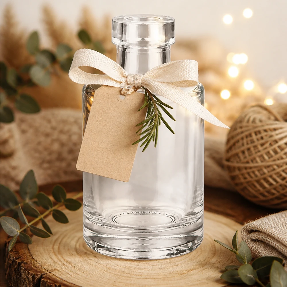 100 ml glazen fles Marie zonder sluiting UNiTWIST® 100ml glazen fles Marie decoratief met cadeau lint hanger en rozemarijn in een gezellige sfeer met fairy lights