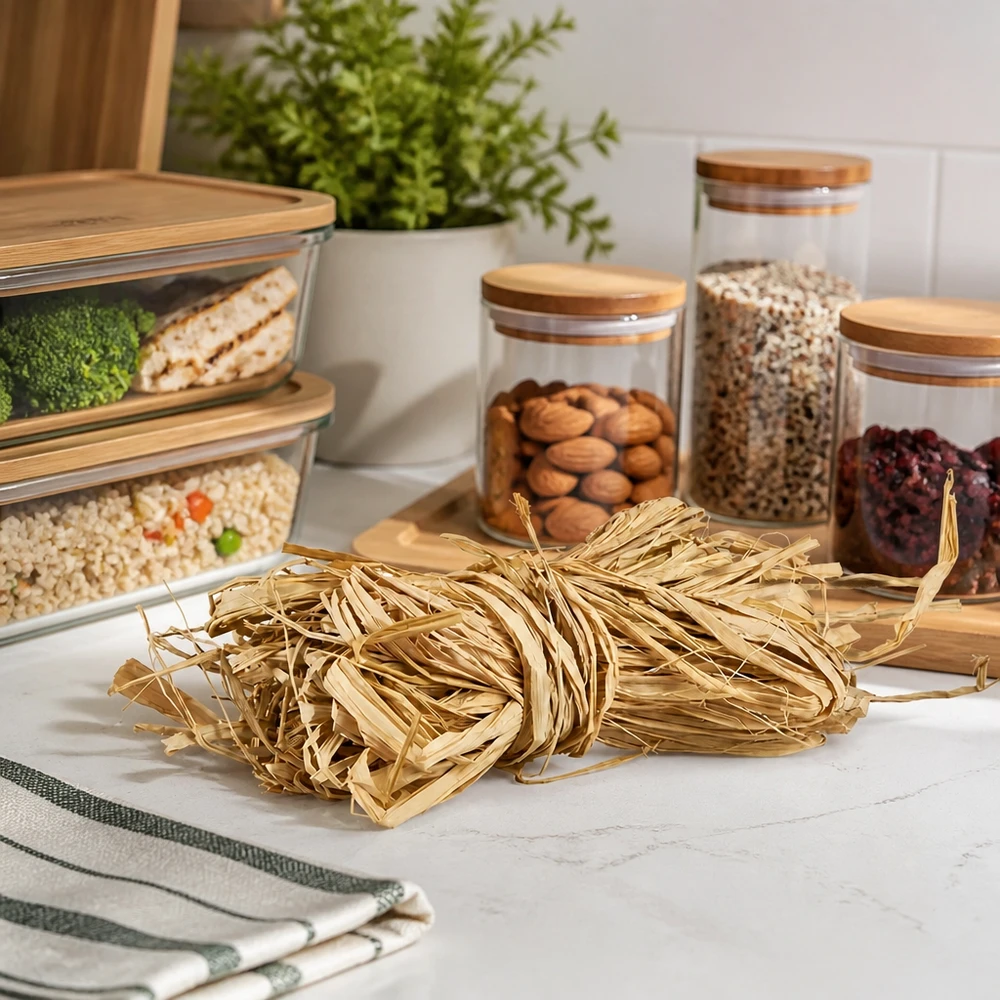 Natuurlijk raffia voor decoratie 30 g Natuurlijke raffia 30g goudbeige op keukenblad met voorraadpotten toont praktische keukenorganisatie en decoratie-ideeën