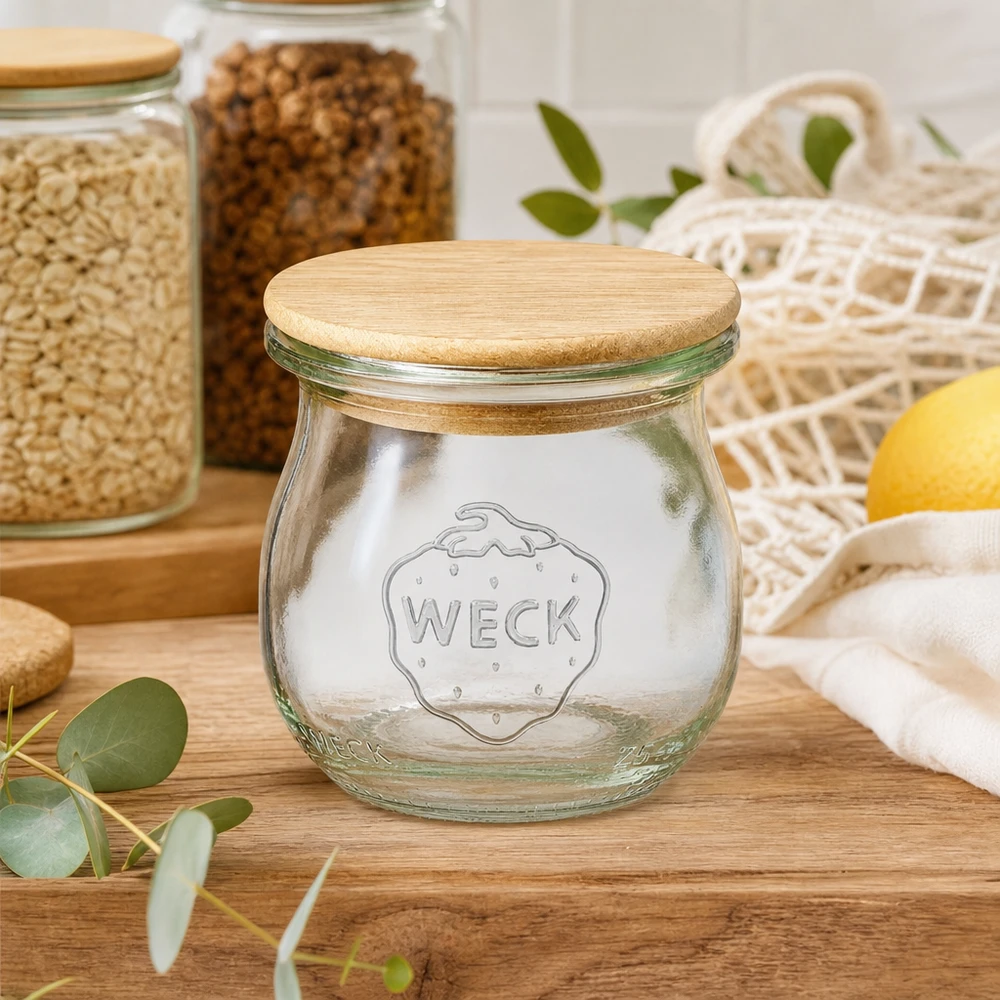 WECK-tulpglas 75ml met deksel WECK tulpenpot 75ml RR40 leeg met houten deksel in duurzame keuken tussen voorraadpotten en boodschappennetjes