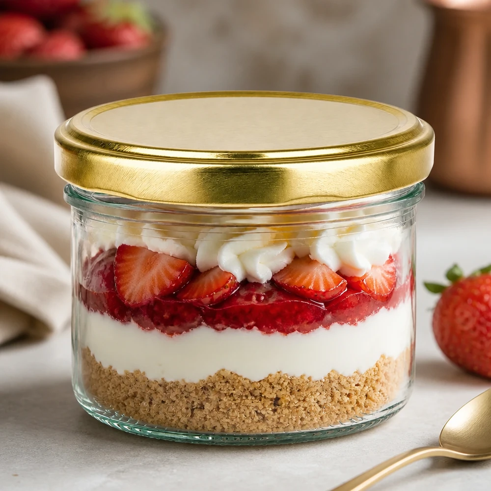 230ml cilinder pot met BioSeal deksel goud gevuld met aardbeien dessert gelaagd dessert tiramisu dessert in een pot