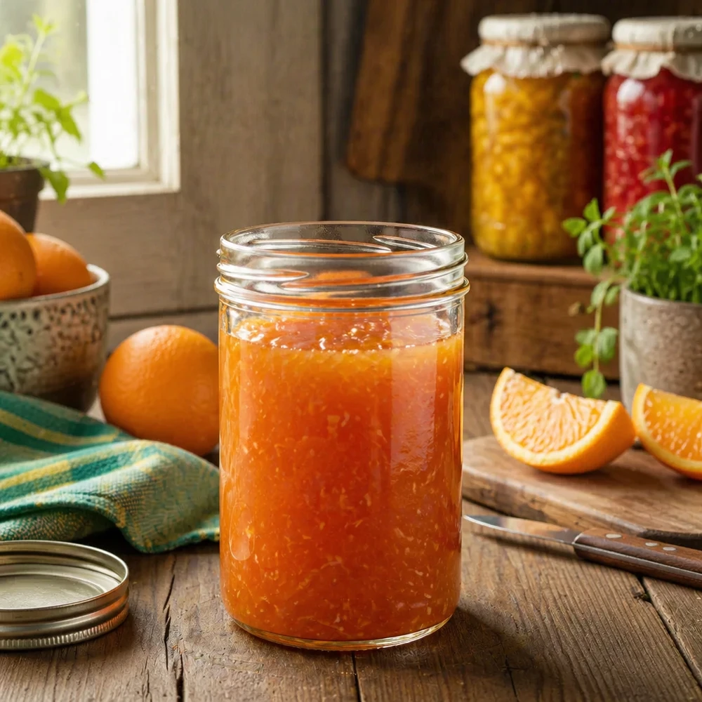 435ml beker zonder deksel (TO82) UNiTWIST UNiTWIST Sturz435 inmaakpot 435ml gevuld met zelfgemaakte sinaasappelmarmelade in rustieke keuken met verse sinaasappels