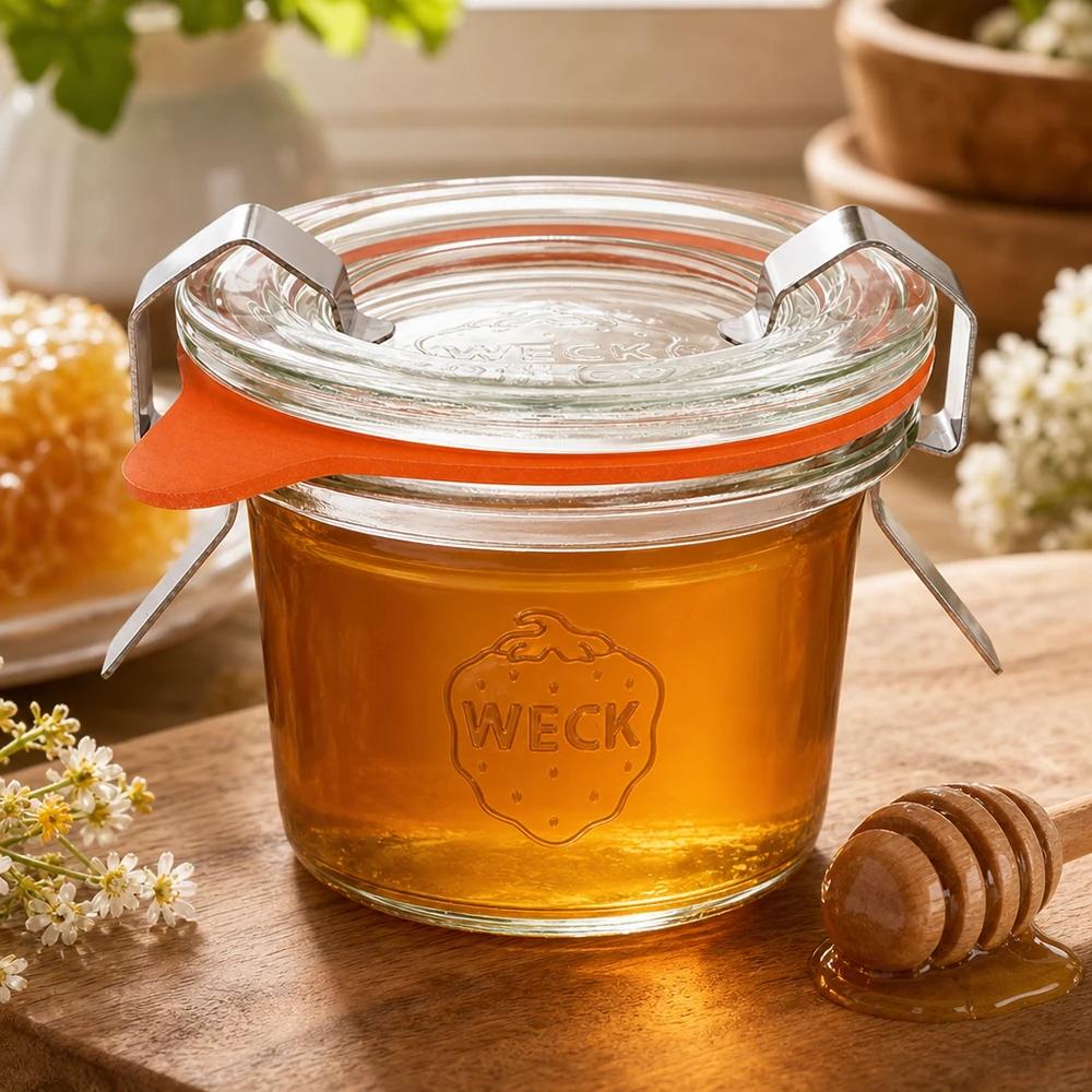35ml stortglas compleet WECK RR40 WECK Sturzglas 35ml RR40 mit goldenem Honig gefüllt neben Honiglöffel und Waben zeigt natürliche Lagerung