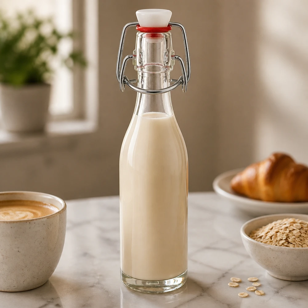 50 ml glazen fles met draaidop gevuld met havermelk in een gezellige keuken naast een koffiekopje en havervlokken