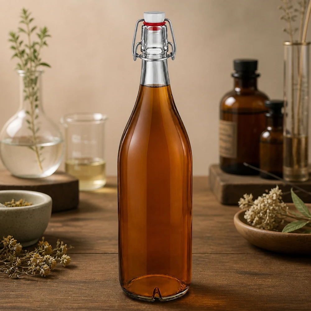 1000ml glazen fles + draaidop PVC UNiTWIST 1000ml glazen fles swing top PVC amberkleurig gevuld met kruidenthee natuurlijke decoratie houten tafel