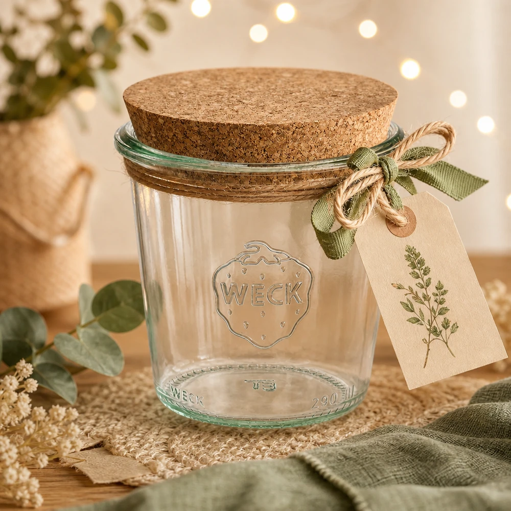 290ml stortglas hoge WECK RR80 met kurk WECK bekers 290ml RR80 decoratief geënsceneerd met kurken deksel, cadeaulabel en groen lint op houten tafel