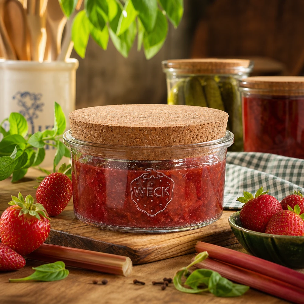165ml stortglas WECK RR80 met kurk WECK inmaakpot 165ml RR80 gevuld met aardbeienjam Kurkdeksel Keukendecoratie Voorraadpot