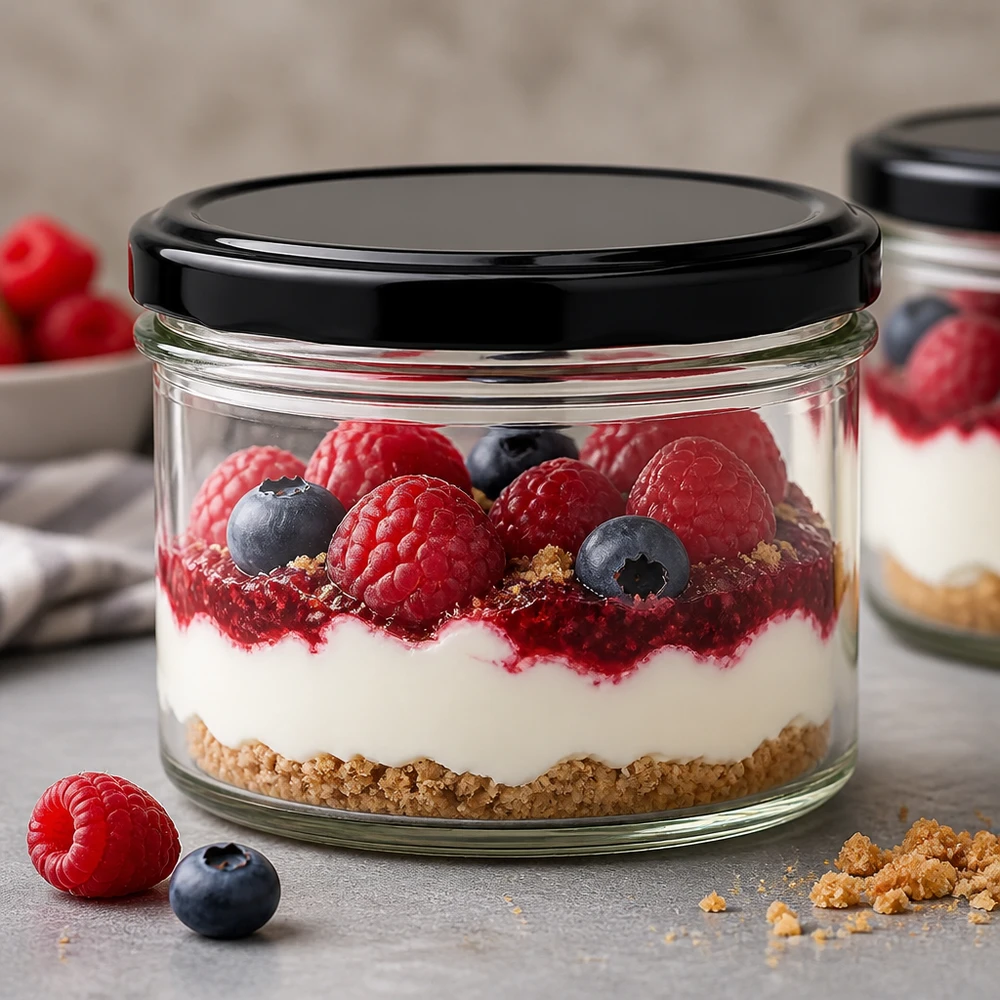 225ml bekers met BasicSeal deksel zwart UNiTWIST 225ml Sturzglas mit schwarzem Deckel als Dessertglas für Beeren-Tiramisu - stilvolle Nachspeisen-Präsentation