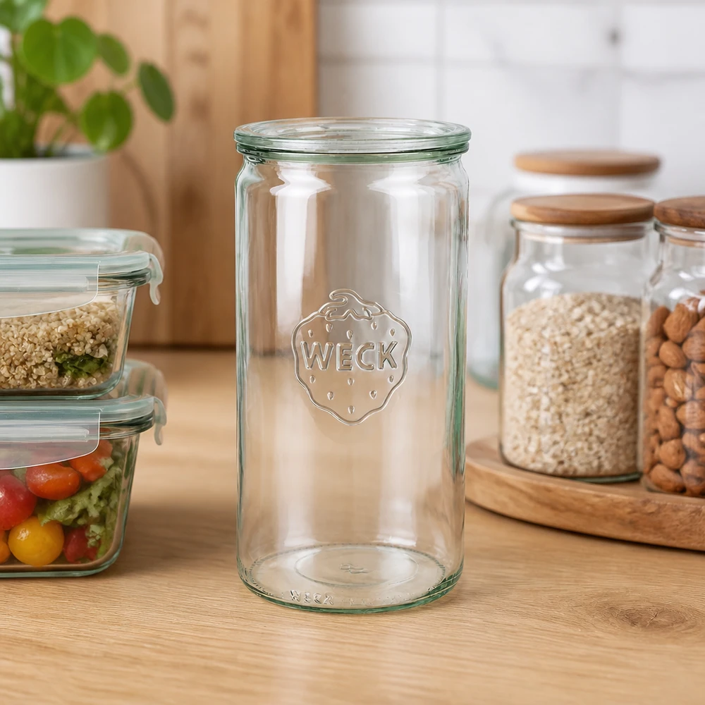 1590ml cilinderglas met glazen deksel WECK RR100 WECK cilinderpot 1590ml RR100 leeg op houten werkblad in moderne keuken met voorraadpotten en plant