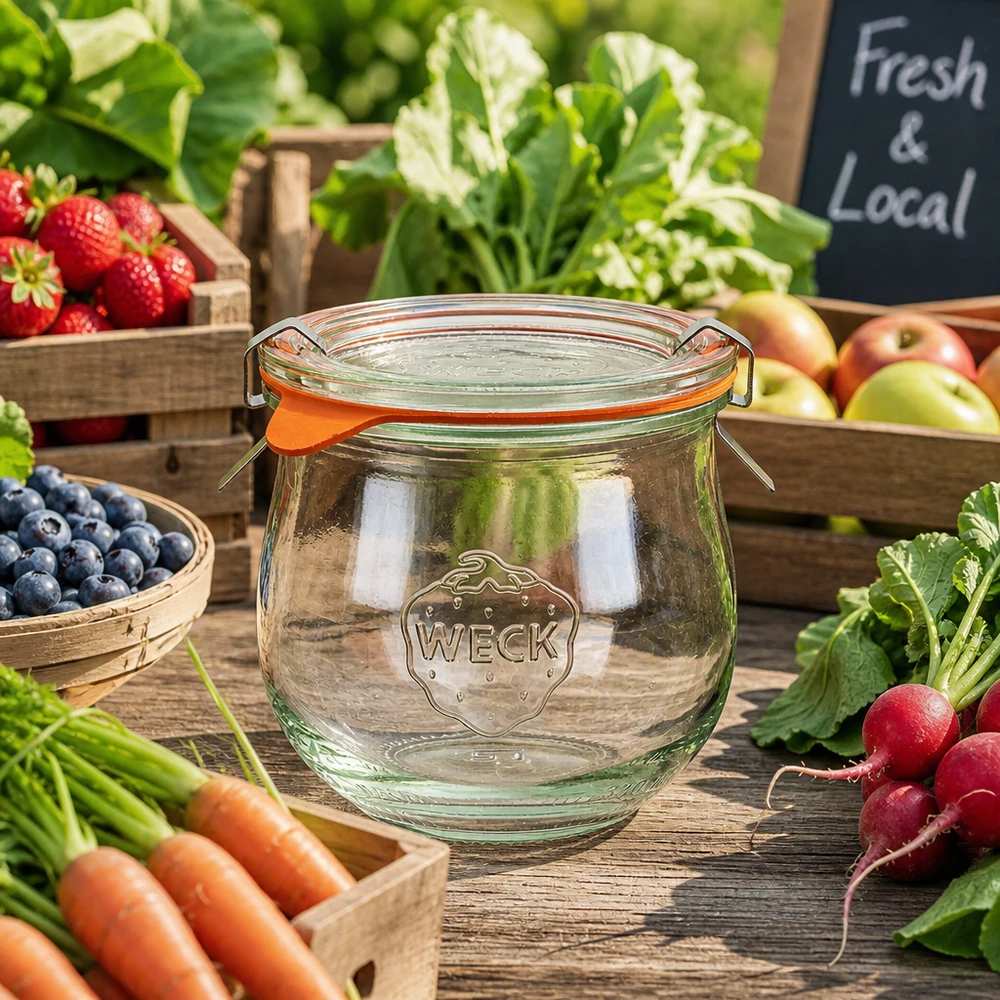 370ml tulpenglas compleet WECK RR80 WECK tulpenpot 370ml RR80 op marktkraam met verse fruitgroenten en Local Fresh bord voor regionale producten