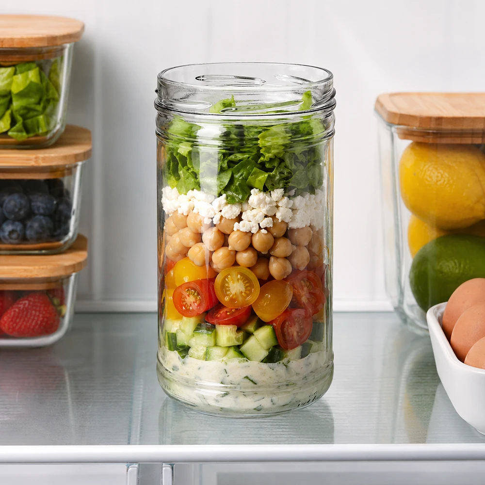 1053ml beker zonder deksel (TO100) UNiTWIST UNiTWIST tumblers 1053ml TO100 als een maaltijd prep pot met gelaagde salade kikkererwten feta tomaten in de koelkast