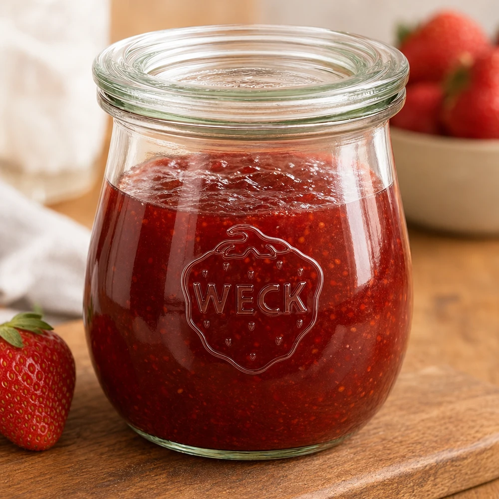 Tulpenpot van 220 ml met glazen deksel WECK RR60 WECK tulpenpot 220ml gevuld met aardbeienjam op een houten plank met verse aardbeien op de achtergrond