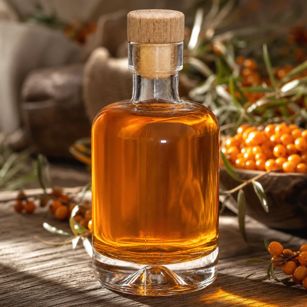 50 ml glazen fles Amelie met houten handgreep UNiTWIST 50 ml glazen fles Amelie gevuld met duindoornolie tussen oranjekleurige duindoornbessen op natuurlijke wijze gedecoreerd