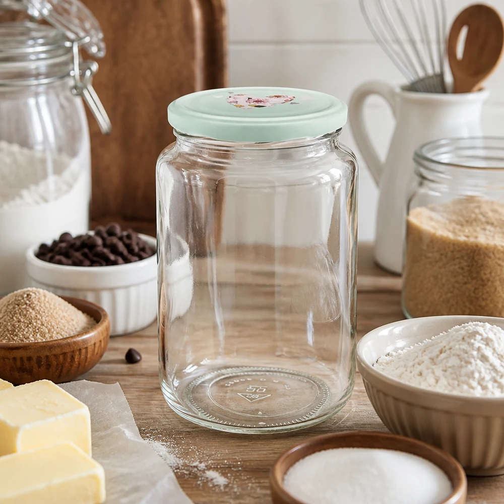 Ronde pot van 795 ml + BasicSeal-deksel met munt hart UNiTWIST 795ml ronde pot leeg met mint BasicSeal hart deksel tussen bakingrediënten bloem boter op houten plank keukenaccessoires