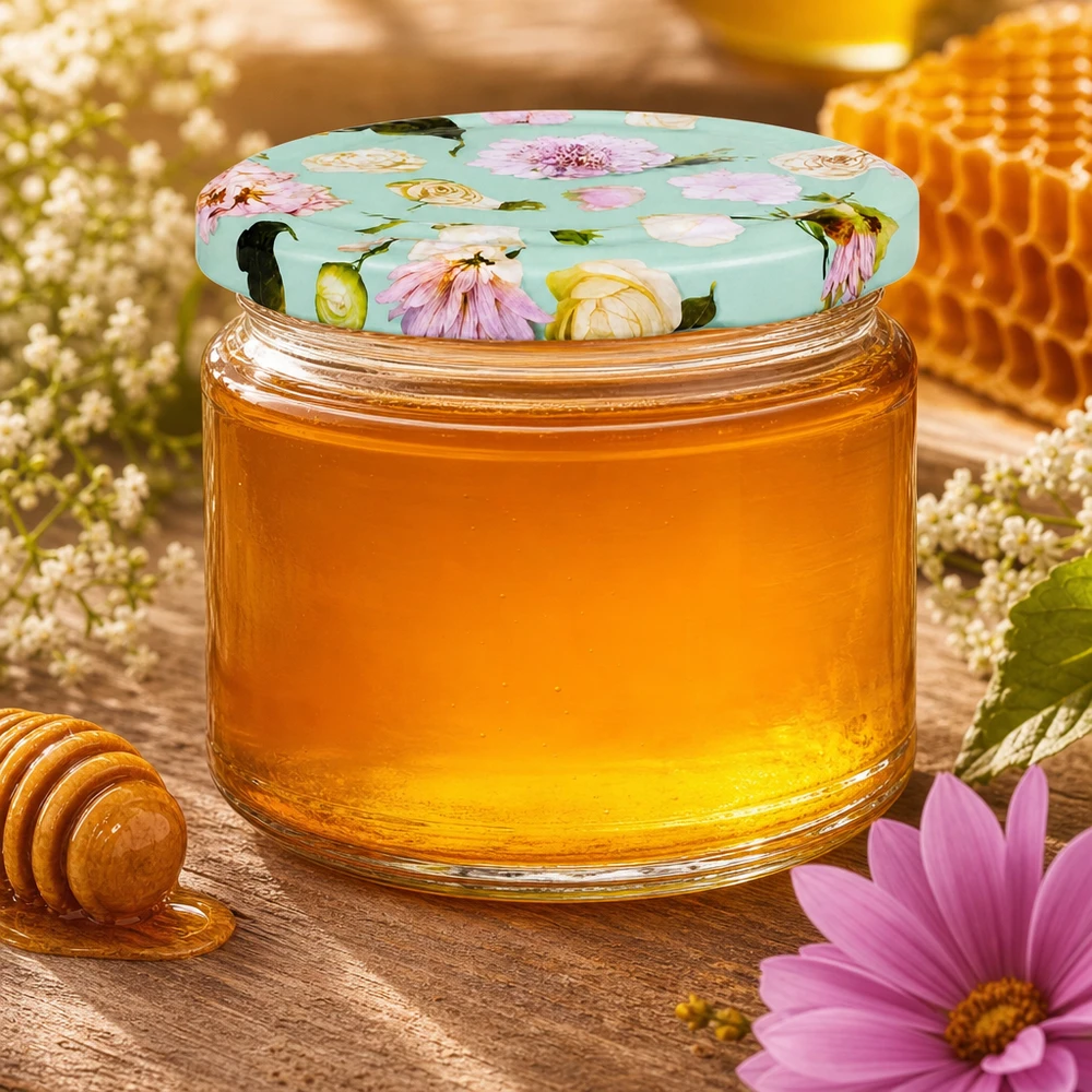 Ronde pot van 330 ml + deksel BasicSeal bloem mint UNiTWIST Honing in ronde pot van 330 ml met BasicSeal deksel Muntbloem naast honingraat en houten lepel op rustieke houten tafel