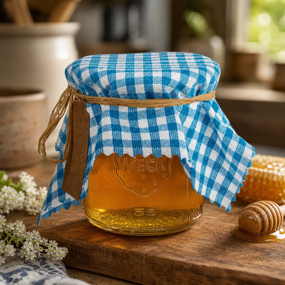 Stoffen lapje voor deksel turquoise geruit 15cm hoekig Turkoois en wit geruite stoffen doily op een honingpot met houten dompelaar en witte bloemen op een rustieke houten plank
