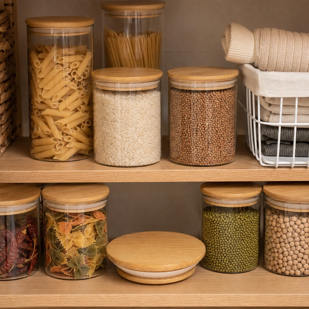 WECK RR80 houten deksel versie A in praktische opbergkeuken met georganiseerde potten voor pasta, rijst en peulvruchten