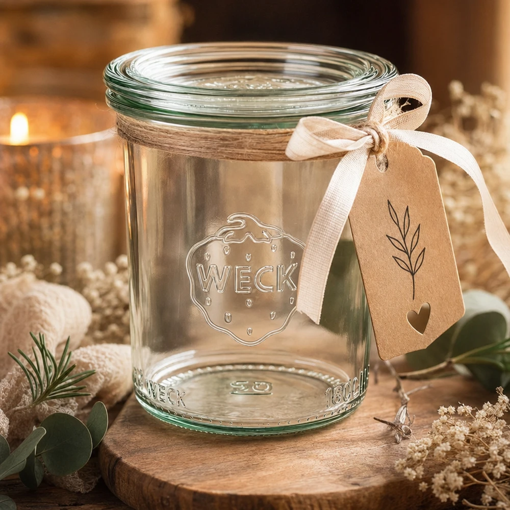 WECK RR60-pot van 160 ml met glazen deksel WECK RR60 glazen pot van 160 ml als geschenkverpakking met label en lint in een gezellige sfeer met kaars