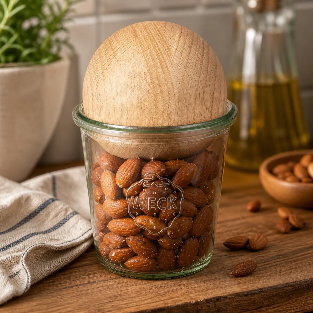 290ml stortglas hoge WECK RR80 met houten bal WECK beker 290ml RR80 gevuld met amandelen en beuken bol deksel op een houten plank in een natuurlijke keukenomgeving