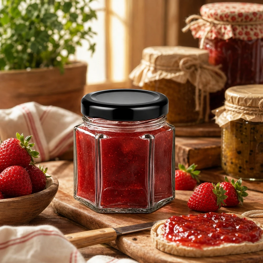 47ml hexaglas met BasicSeal deksel zwart UNiTWIST Hexa pot 47ml met zwart deksel gevuld met aardbeienjam in rustieke keuken met verse aardbeien