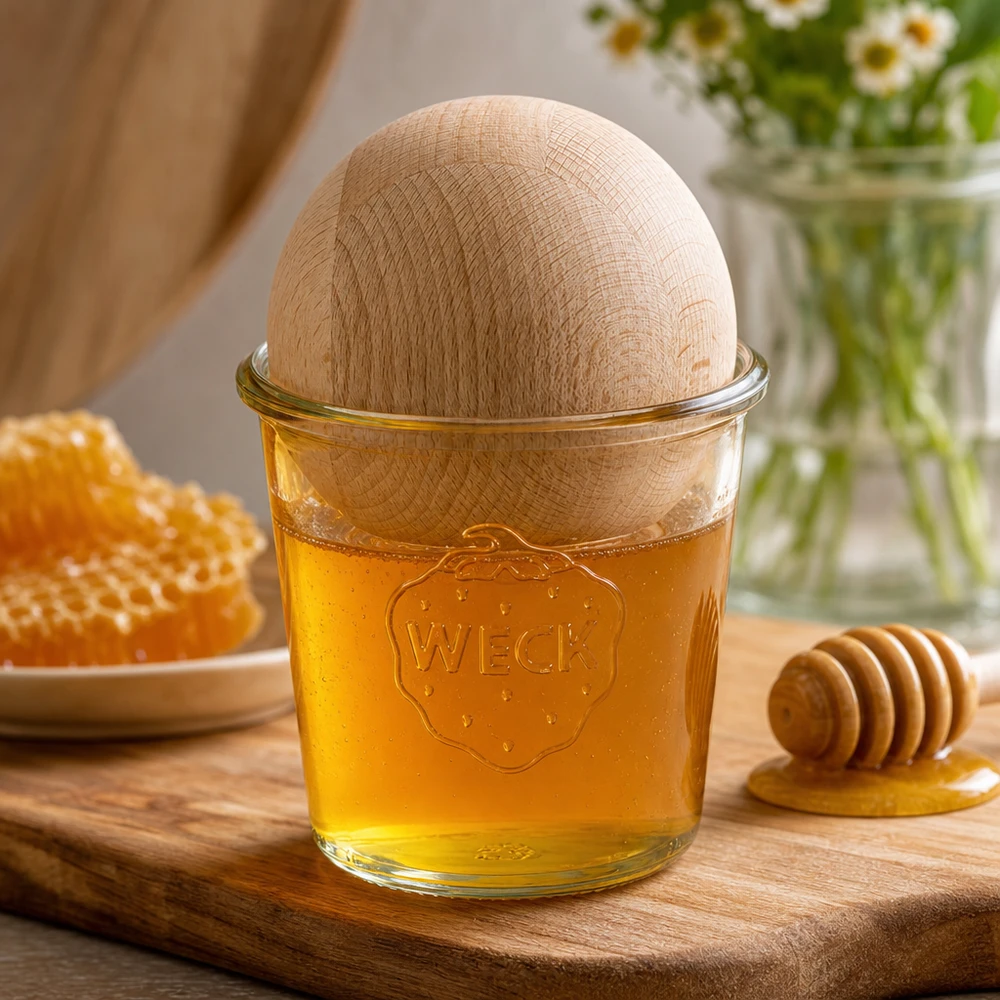 580ml stortglas WECK RR100 met houten bal WECK RR100 580ml mason jar met houten beukenhouten bal gevuld met honing op houten plank naast honingraat en honinglepel