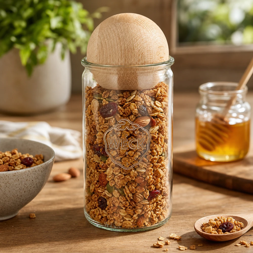 WECK voorraadpot 1590ml RR100 gevuld met muesli en noten toont praktisch keukengebruik met houten bolstop