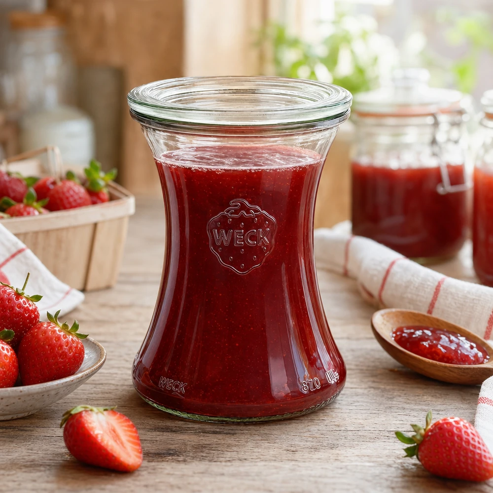 Delikatessenpot van 370 ml met glazen deksel WECK RR80 WECK delicatessenpot 370ml gevuld met aardbeienjam toont praktisch gebruik van de RR80 inmaakpot in de keuken
