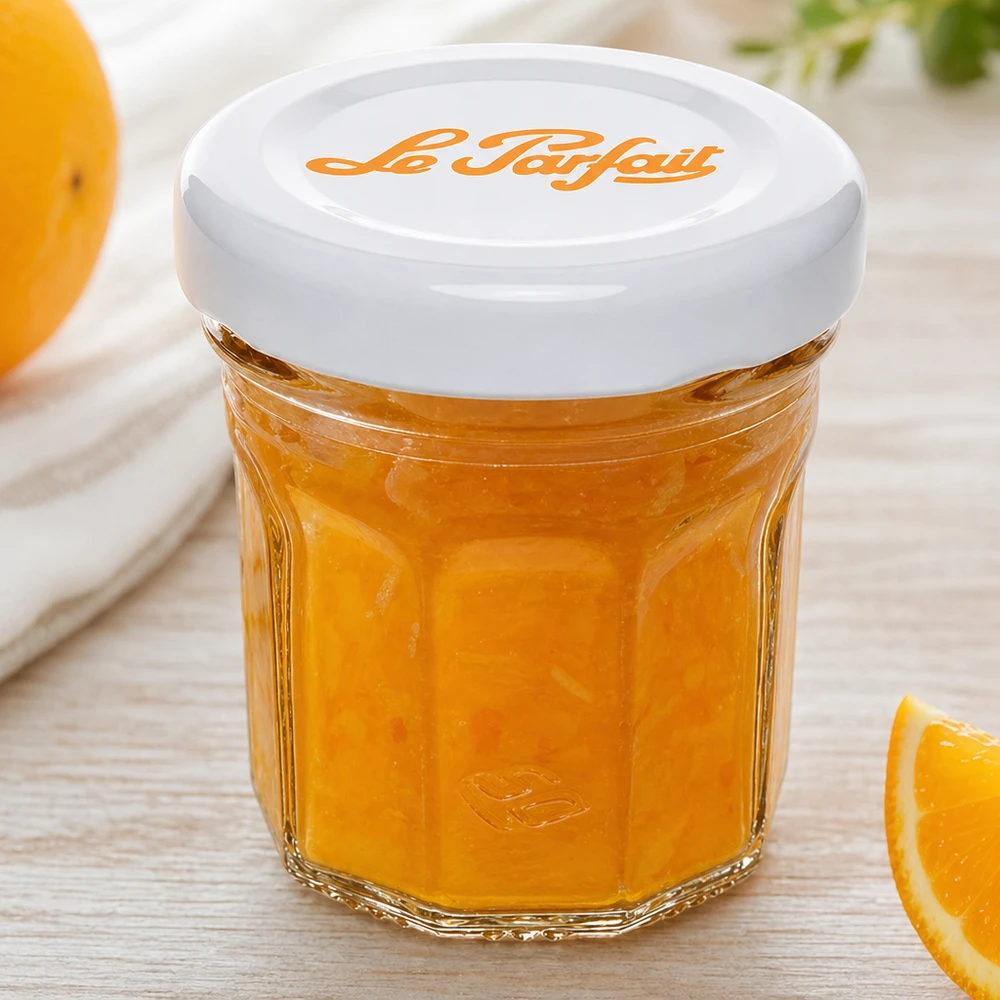 Le Parfait® Mini‑Jam 44 ml Ø48 mm pot Le Parfait mini tumblers 44ml gevuld met sinaasappelmarmelade en witte deksel naast verse sinaasappelschijfjes