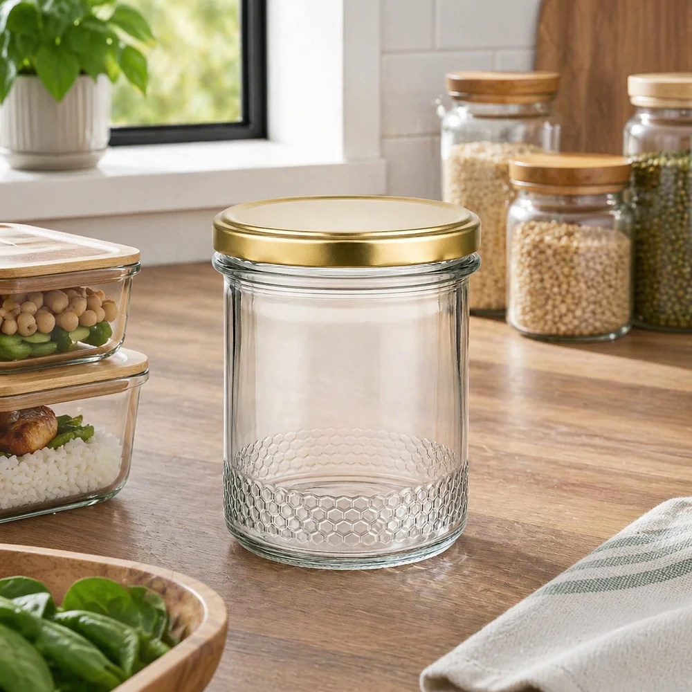 Honingpot 560 g met gouden BasicSeal UNiTWIST-deksel Lege 400ml honingpot met gouden BasicSeal UNiTWIST deksel in een moderne keuken tussen voorraadpotten