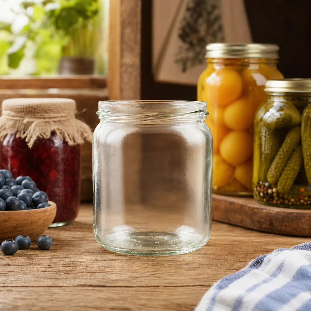 UNiTWIST Runda408 leeg rond glas 408ml TO82 in keukenscène met ingemaakte komkommers en vruchten op de achtergrond