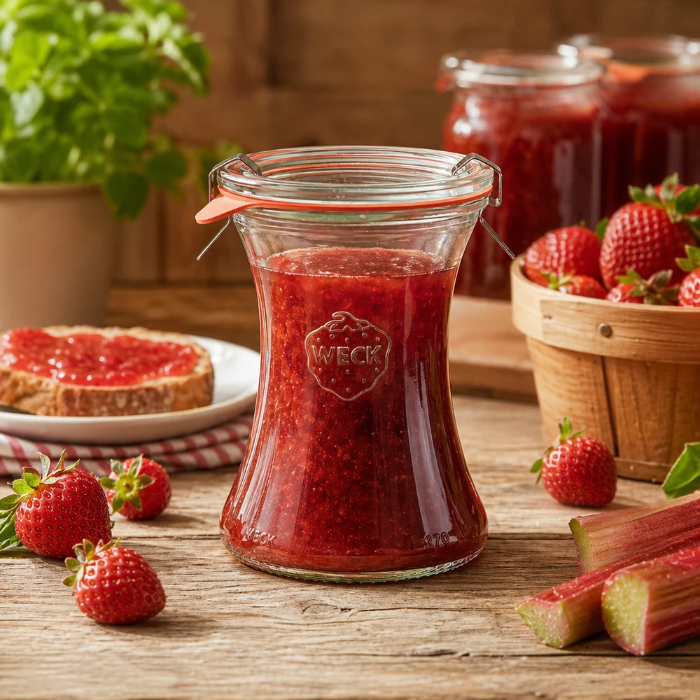 370 ml delicatessenpot, compleet WECK RR80 WECK inmaakpot 370ml gevuld met aardbeienjam Gebruiksvoorbeeld voor het inmaken van jam en marmelade