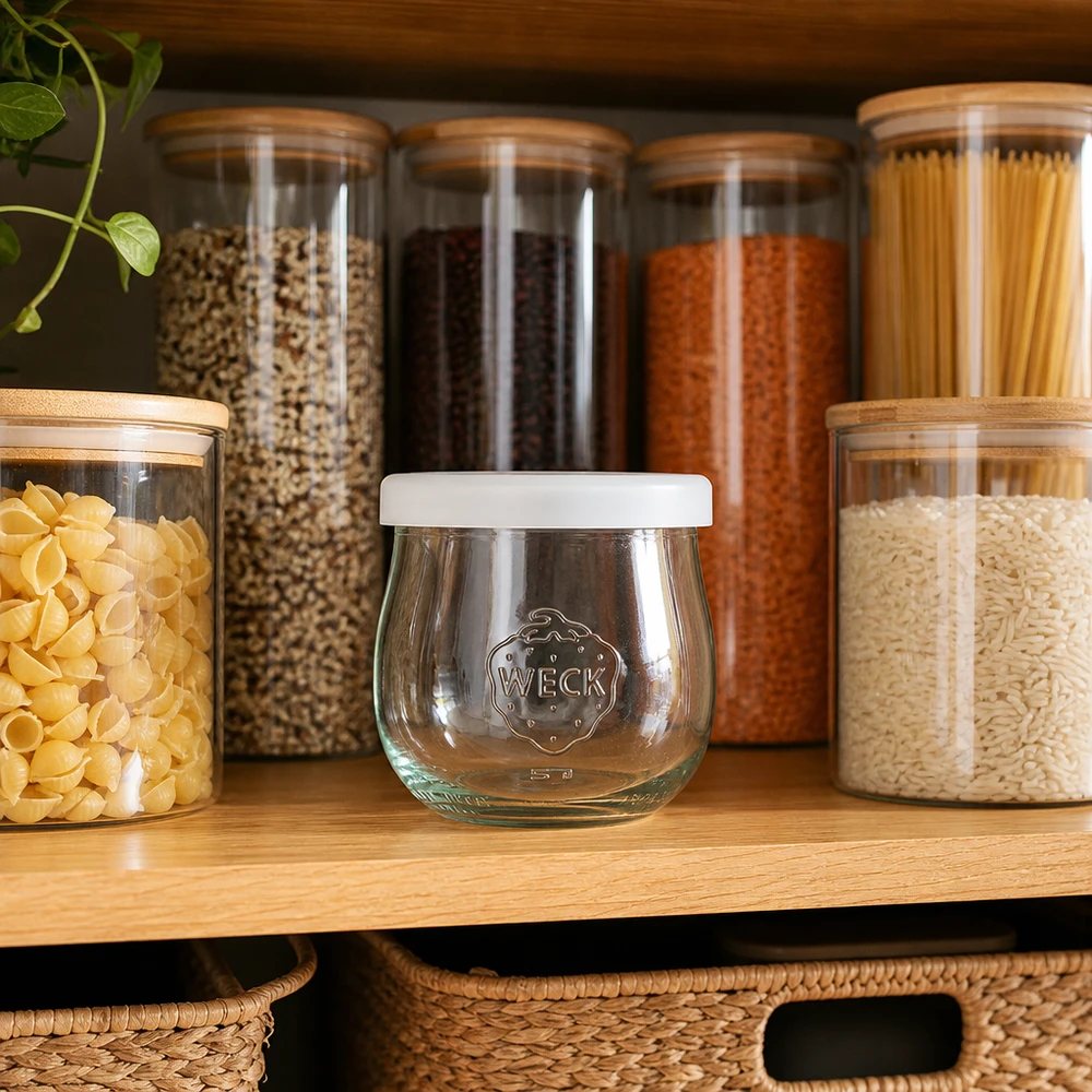 WECK tulp pot 370ml op houten plank tussen voorraad potten met pasta linzen rijst georganiseerd keuken opslag