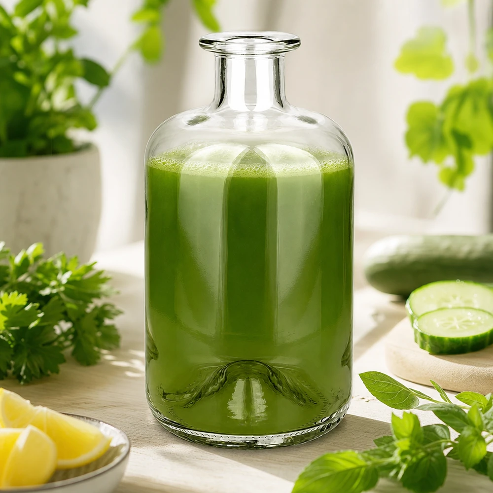 500 ml Apothekersfles 500ml Glasflasche "Luna" ohne Verschluss UNiTWIST zonder sluiting UNiTWIST® Apothekersfles Luna 500ml gevuld met groene smoothie omringd door verse kruiden komkommer en citroen als wellnessdrank.