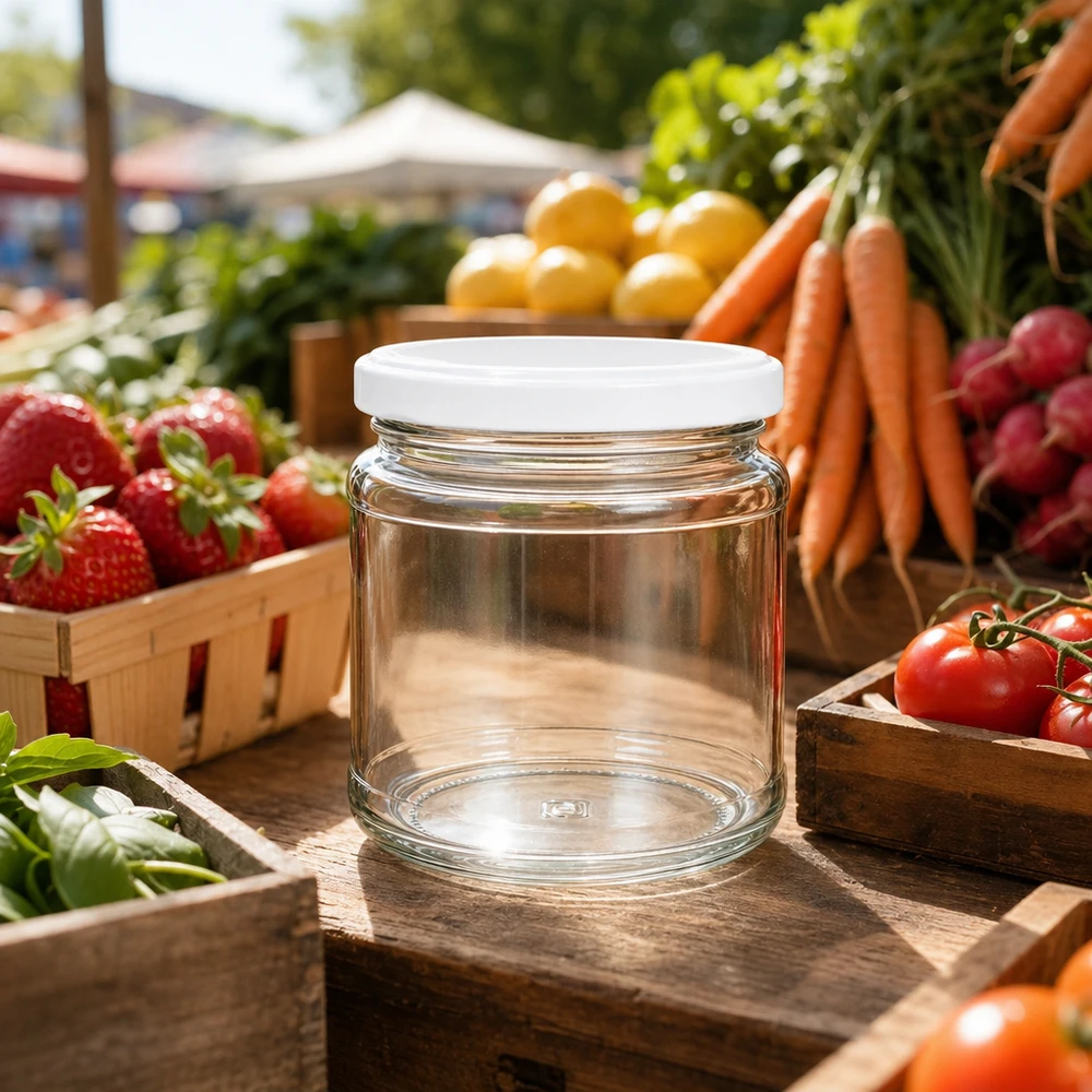 212ml rond glas met BasicSeal deksel wit UNiTWIST 212 ml ronde pot met BasicSeal deksel op marktkraam tussen vers fruit en groenten - perfect voor jam