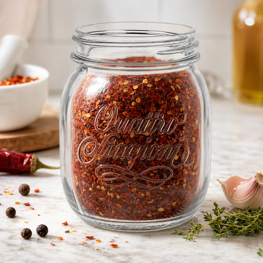 700 ml Quattro Stagioni huishoudpot gevuld met chilikruidenmix op keukenblad met kruiden en knoflook
