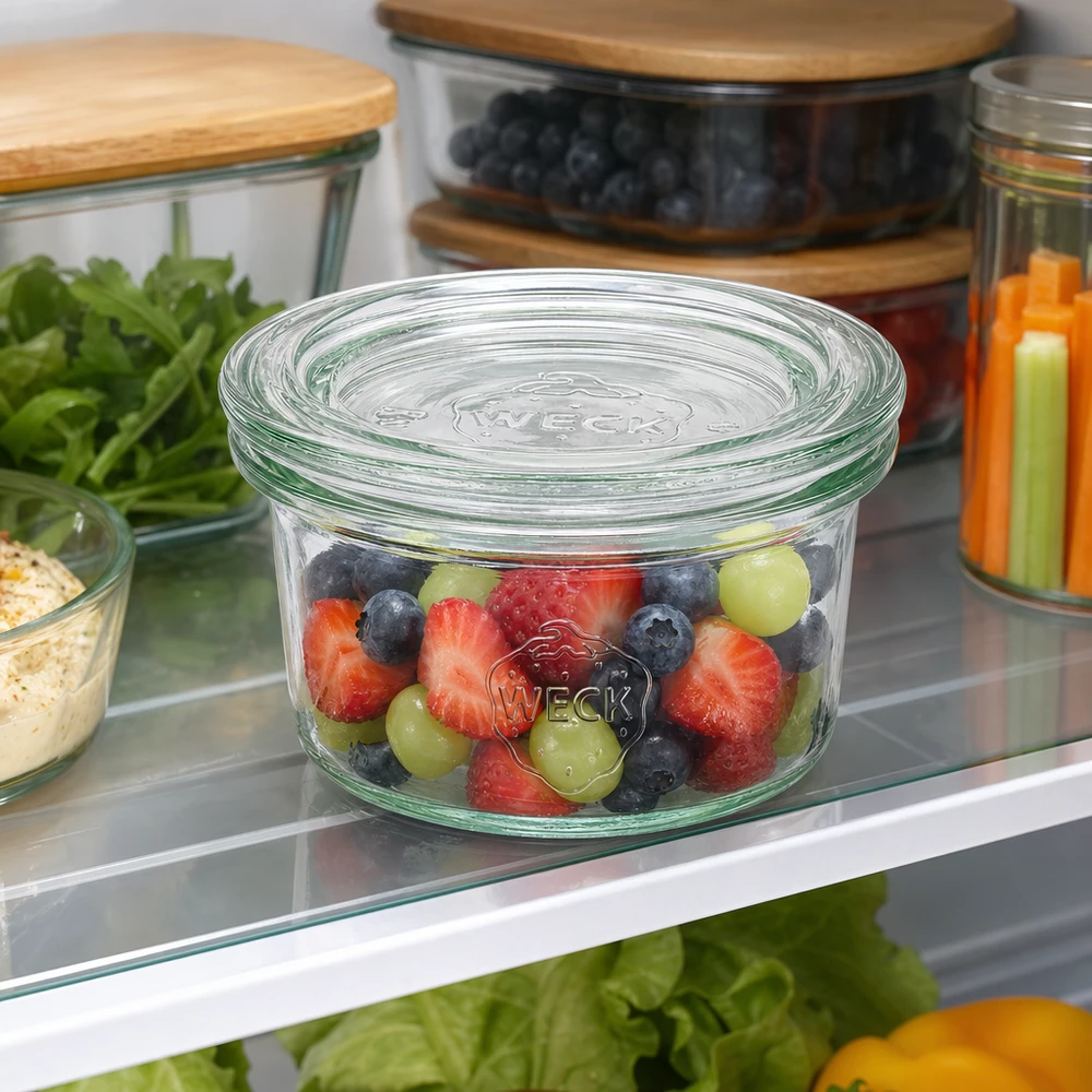 50ml stortglas met glazen deksel WECK RR60 WECK bekers 50ml met bessenmix in de koelkast voor het vers bewaren van fruit en etenswaren