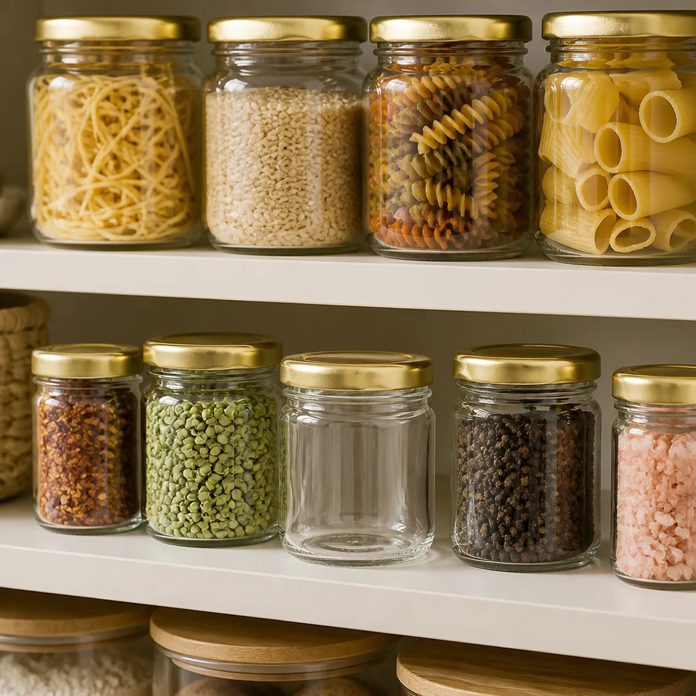 Rond glazen potje 33 ml met gouden deksel UniTwist – Bewaring, keuken, voorraadkast, organisatie