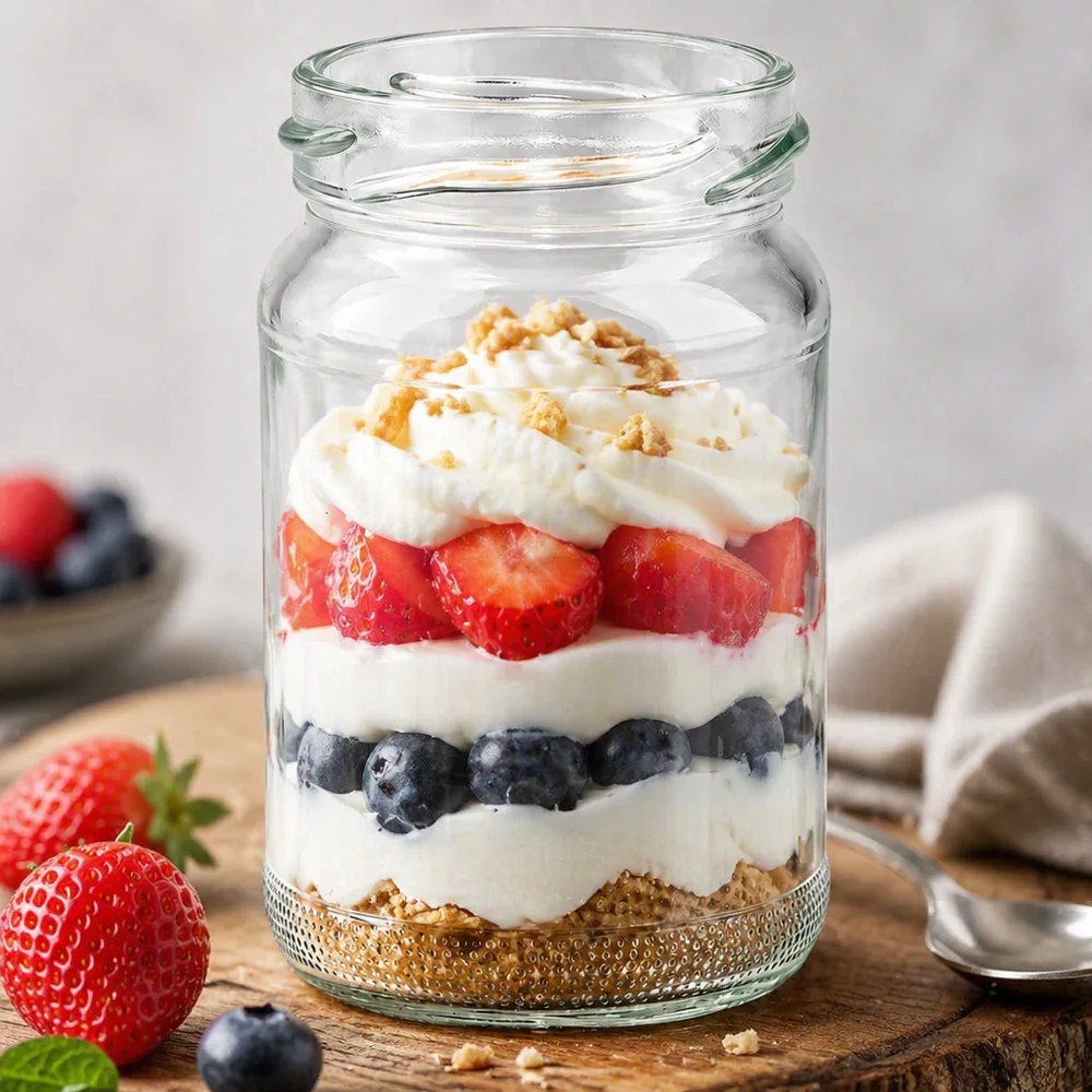 UNiTWIST Runda110 rond glas 110ml TO48 gevuld met een gelaagd dessert van bessen, yoghurt en crumble op een houten tafel