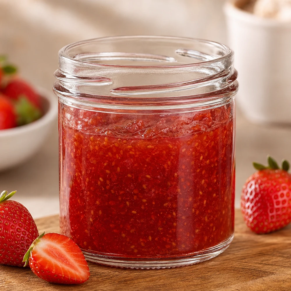 167ml beker zonder deksel (TO66) UNiTWIST UNiTWIST Sturz167 bekers 167ml TO66 gevuld met aardbeienjam op een houten plank met verse aardbeien