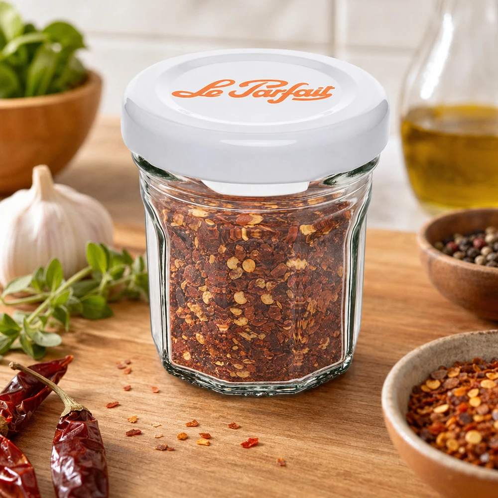 Le Parfait® Mini‑Jam 44 ml Ø48 mm pot Le Parfait mini tumblers 44ml gevuld met chilikruidenmix tussen kruiden en specerijen op een houten basis